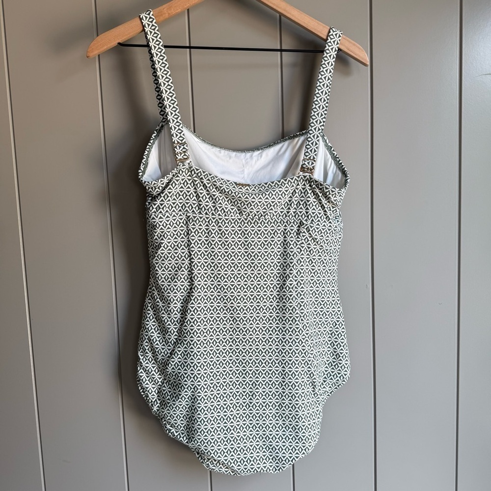 Anne Cole One Piece Swimsuit Women’s 14 Green White Geometric Ruched Green White - Picture 4 of 9